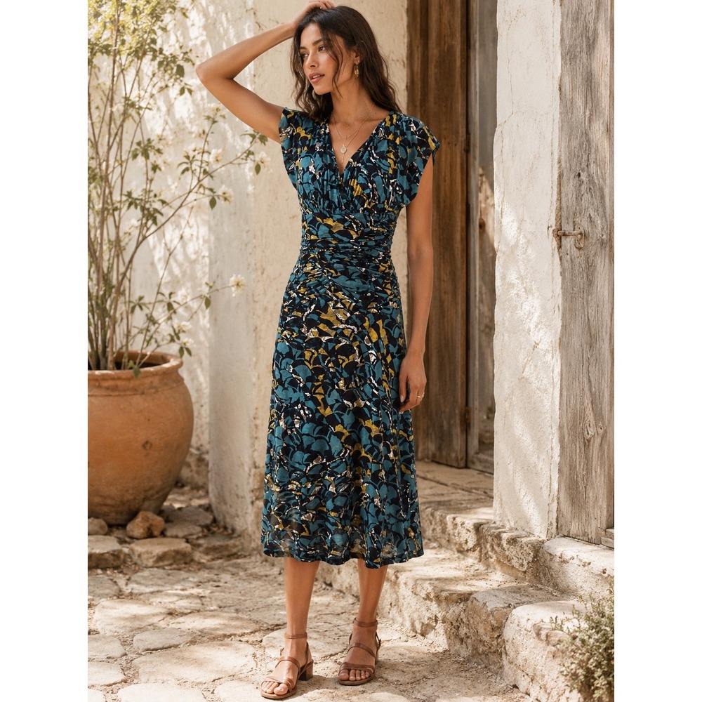 Anthropologie Moulinette Soeurs Botanica Dusk Midi Dress Blue Floral Ruched